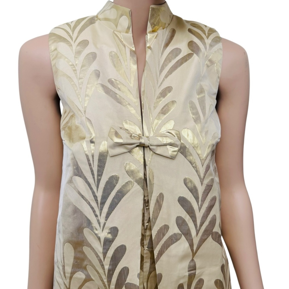 Frances Valentine Gold Metalic Shift Dress XS  Sleeveless Bow Front Jacquard - Picture 6 of 12